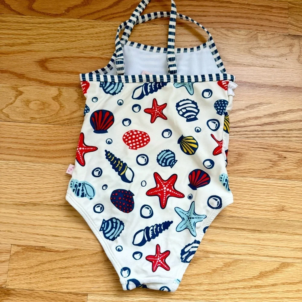 White and Red One Piece Toddler Girl Swimsuit with Nautical Print